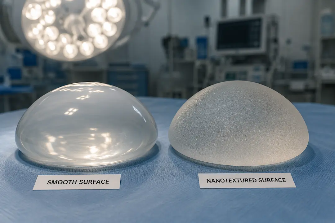 Side-by-side comparison of a smooth surface breast implant and a nanotextured surface breast implant in an operating room.